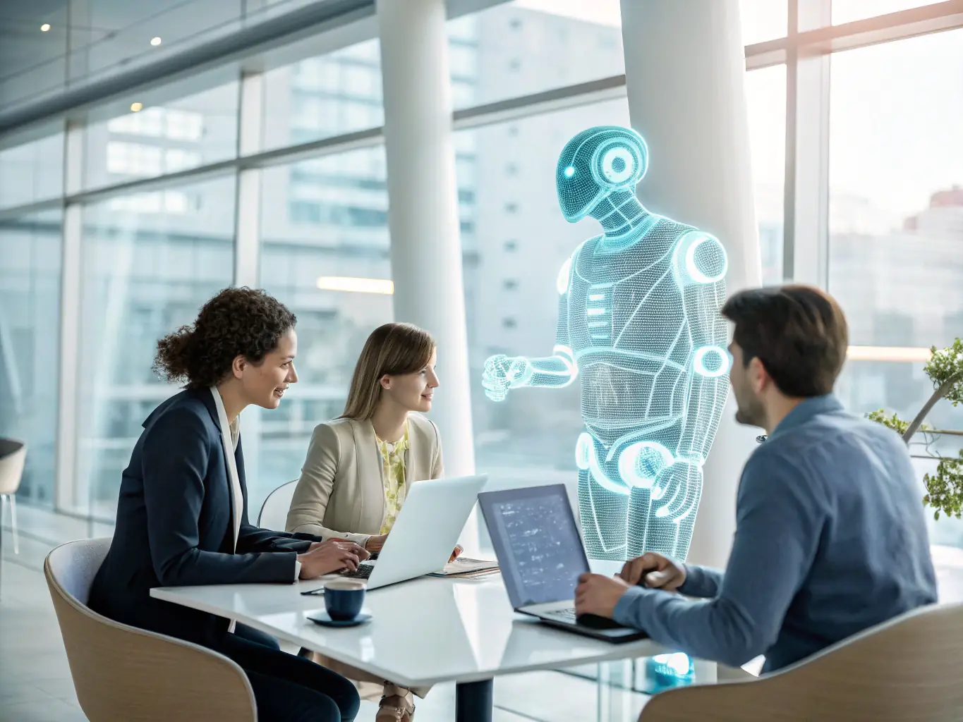 A digital illustration showcasing the SensaiBiz Virtual Assistant interface, highlighting its ability to automate tasks and provide intelligent insights.