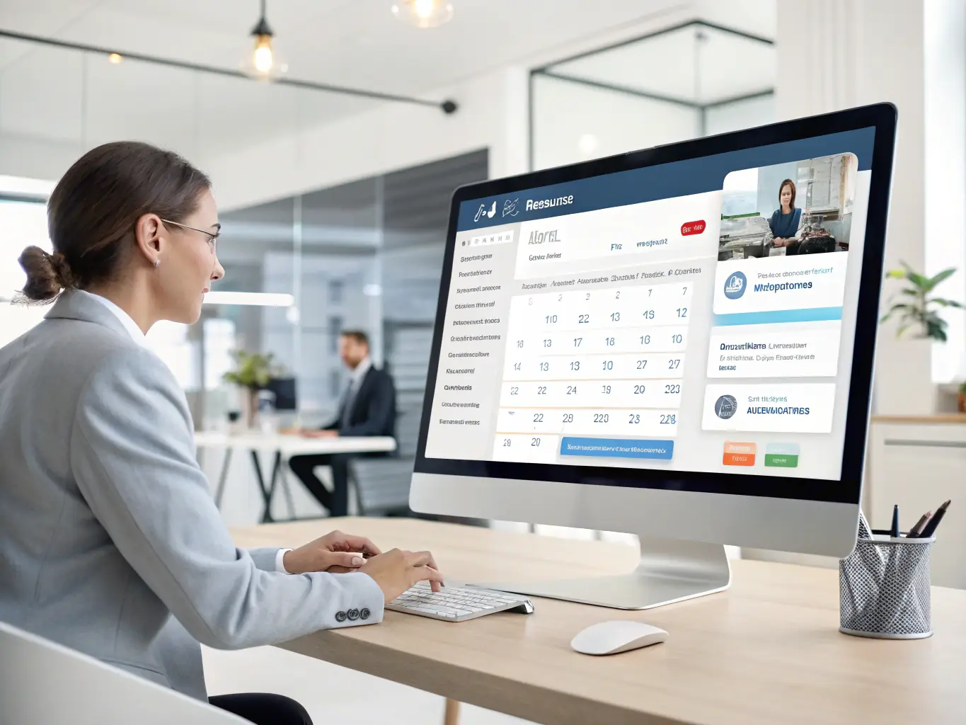 A digital illustration of the SensaiBiz Virtual Assistant module interface, showcasing its ability to automate tasks and provide real-time support, set against a backdrop of a busy office environment.